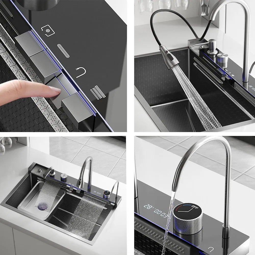 Modular Popular Kitchen Stainless Steel Smart Waterfall Square Basin Nano Black Sink
