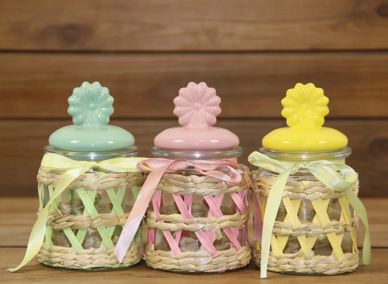 Wholesale Decorative Glass Jars with Charming Ceramic Yellow Flower Lids