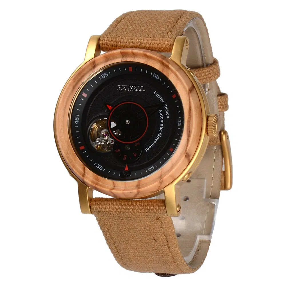 High Quality Automatic Watch Wood Wristwatches 3ATM Waterproof with Metal and Wood Case Wood Bezel Canvas Strap