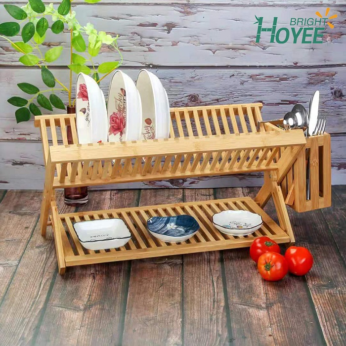 New Design X-Shaped Folding Double Bamboo Dish Rack with Utensils Holder