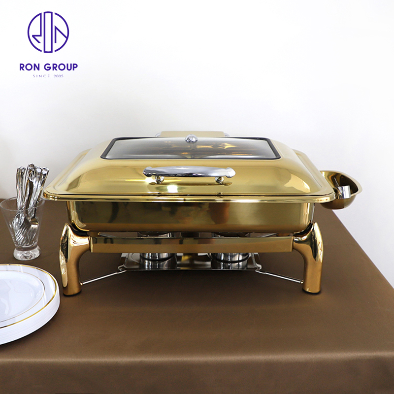 Factory Price Buffet Stove Hydraulic Pressure All Gold Rectangle Food Warmer Electric Ues Fuel Use Chafing Dish