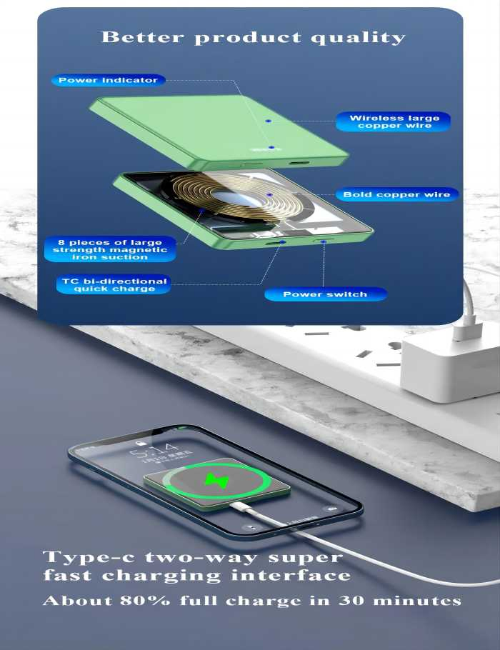 Pocket Design Mini Portable Power Bank 15W Mobile Phone Charger 10, 000 mAh Magnetic Wireless Battery Pack for iPhone 12 13