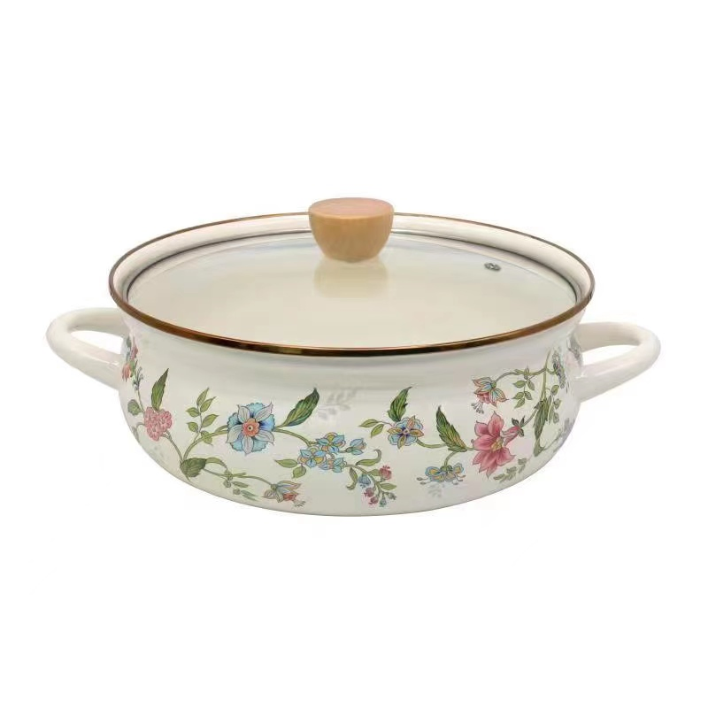 Enamel Casserole Pot Kitchenware Accessories Cooking Pots Double Wall Casserole Pot with Glass Lid