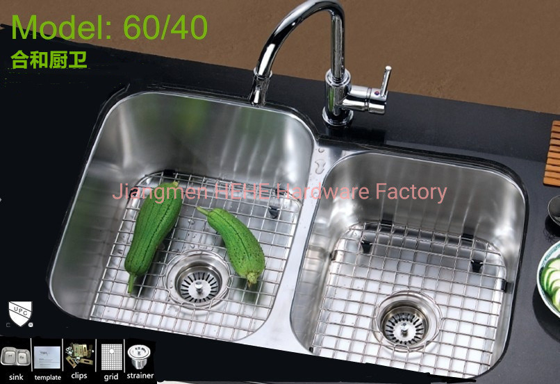 Double Bowl 60/40 Stainless Steel Kitchen Wash Sink with Cupc