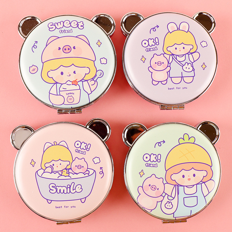 Customize Round Metal Sublimation Compact Mirror Cute Cartoon Lady Pocket Mirrors