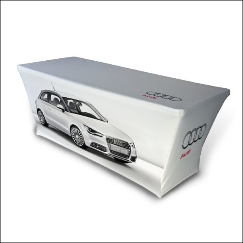 Custom Print Promotional Brand Business Tablecloth Logo Trade Show 4FT 5FT 6FT 7FT 8FT Fitted Stretch Draped Table Cover Throw Runner Waterproof Table Cloth