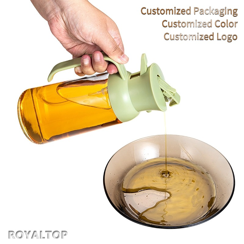 Kitchen Non-Drip 550ml Glass Bottle Cooking Oil Dispenser 2 in 1 Spray Olive Oil Sprayer with Green ABS Pump Cap