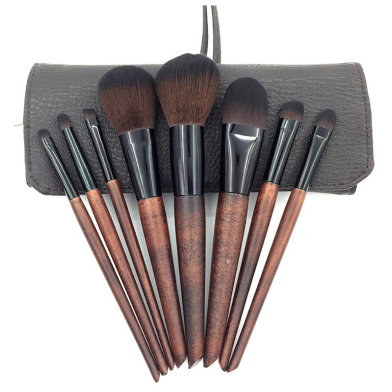 High Quality Wood Cosmetic Brush Set with PU Pouch