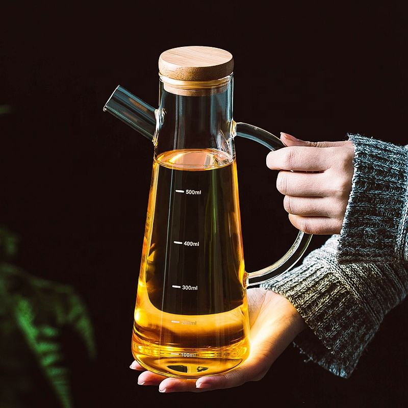 High Borosilicate Glass Bottle Olive Oil Jar Dispenser with Bamboo Lid