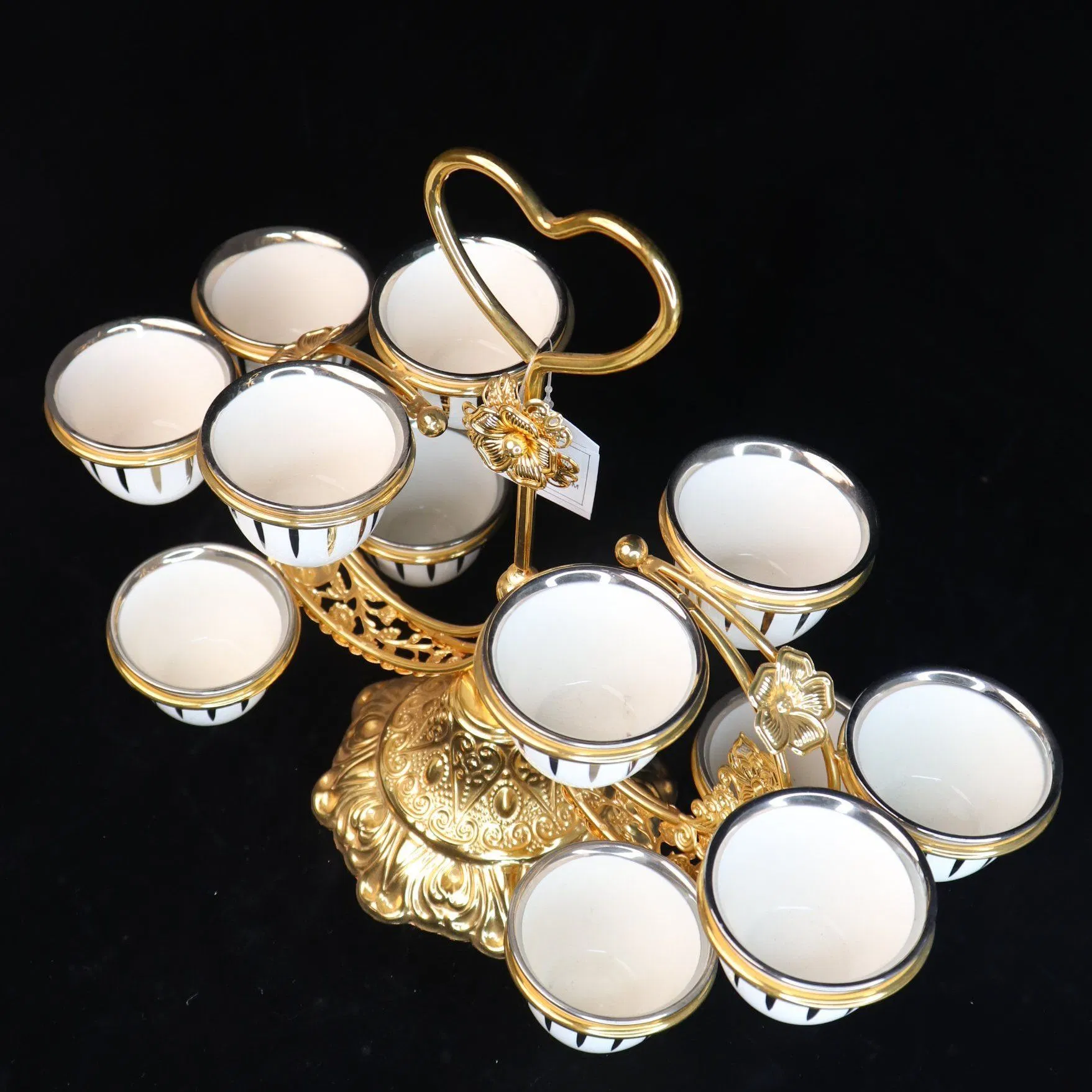 Ceramic Tea Cups and Golden Iron Holder for Tea Presentation Cups