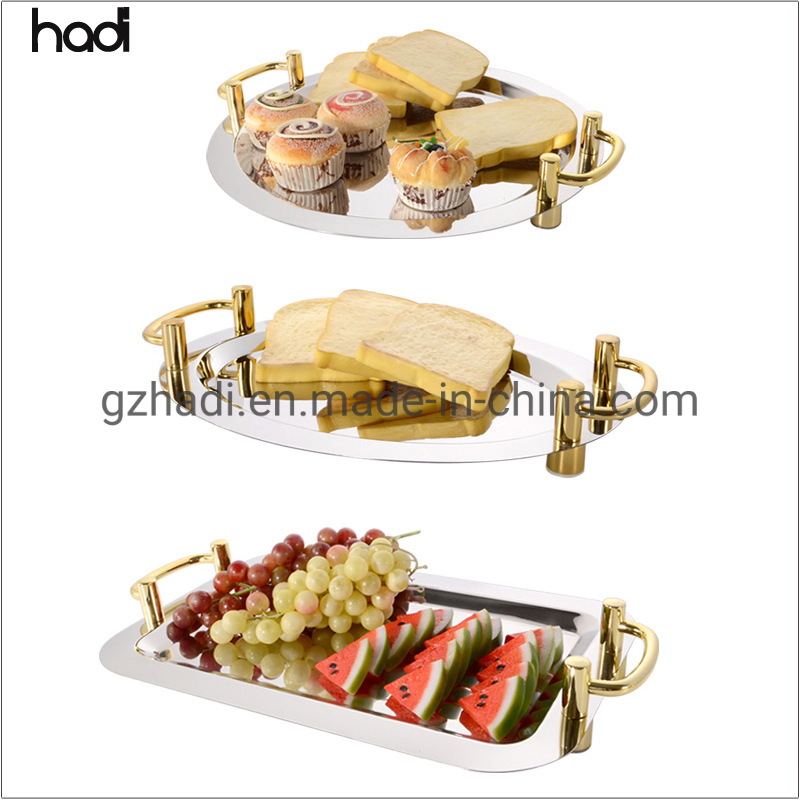 Restaurant and Hotel Supplies High Quality Middle East Mirror Tray Rectangle Oval Round Stainless Steel Buffet Trays with Handle Gold