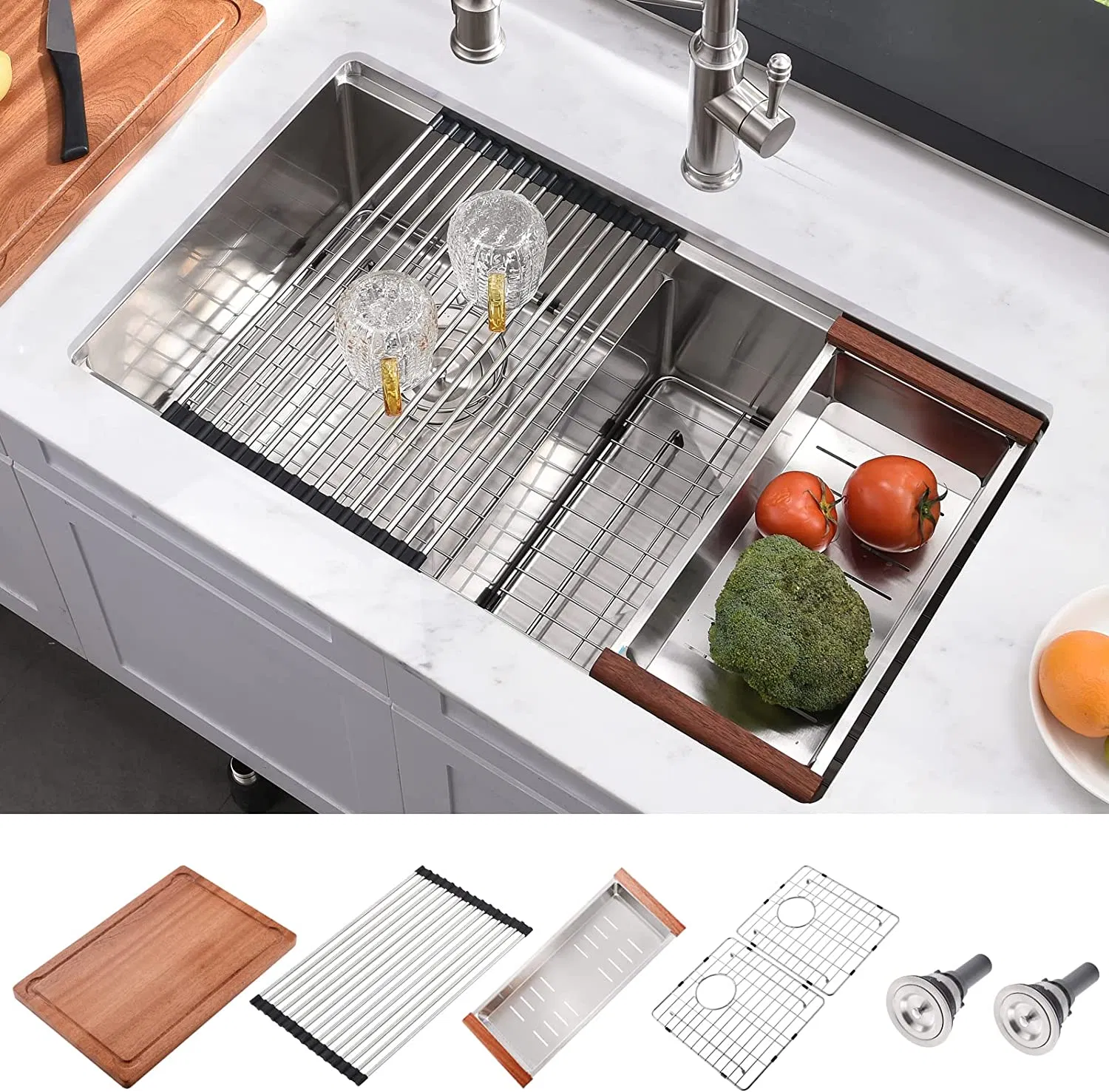 High Quality China Wholesale Factory Price Farmhouse Workstation Kitchenware Faucet Stainless Steel Kitchen Sinks