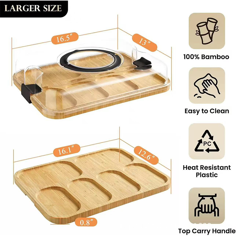 Custom Travel Portable Cheese Cutting Snack 6 Compartments Serving Tray Bamboo Charcuterie Board with Clear Lid