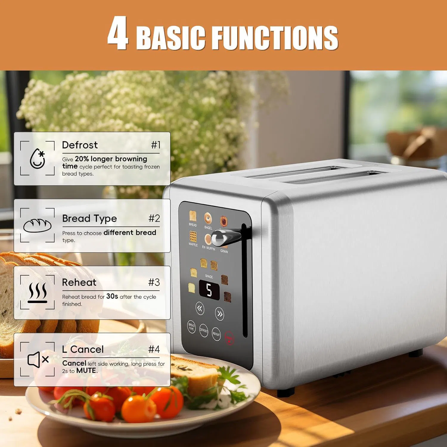 Commercial 2-Slice Smart Toaster with LED Screen for Toast Bun Bagel Warming