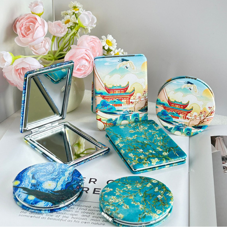 Tourist Souvenir Gift Leather Pocket Mirror Custom Logo Foldable Pocket Mirror with Name