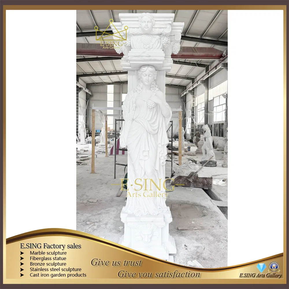 White Marble Natural Stone Handmade Statue Carving Column for Garden Decoration