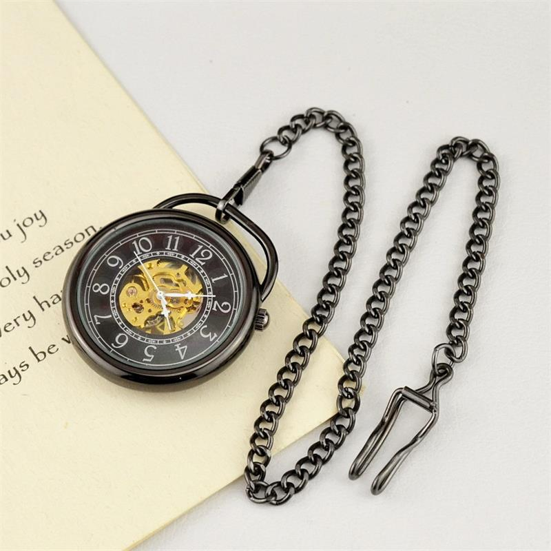 Engraved Black Mechanical Skeleton Pocket Watch with Chain