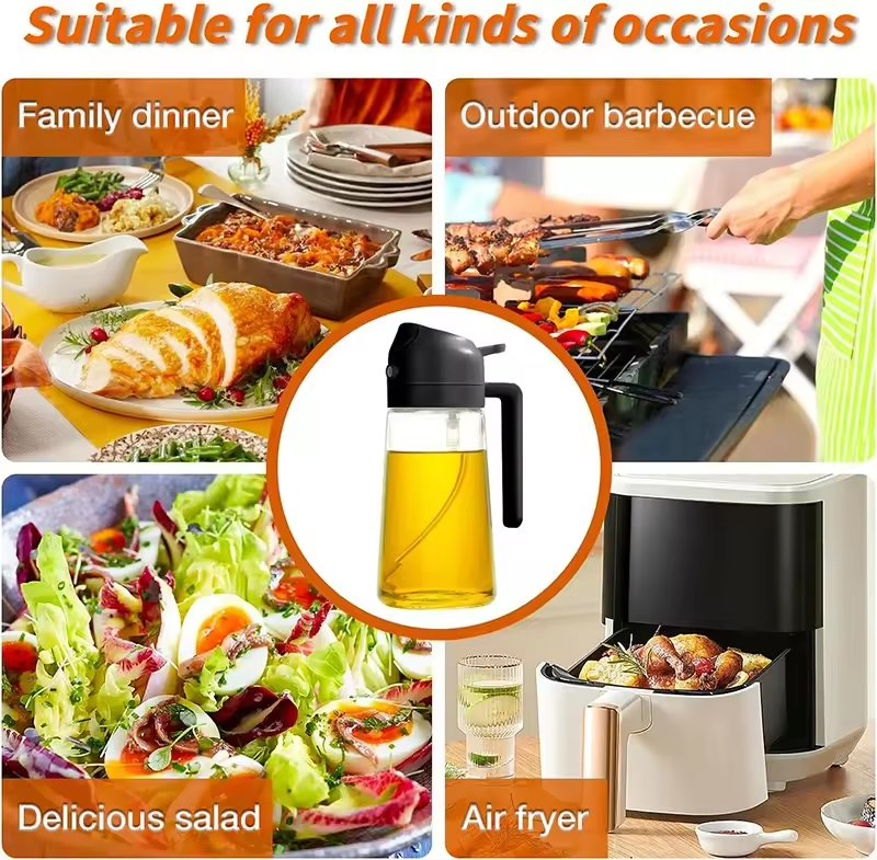 Premium 2-in-1 Round Glass Oil Spray Bottle Kitchen Cooking Mist Dispenser Bottle with Silicone Brush for Olive Oil Serving
