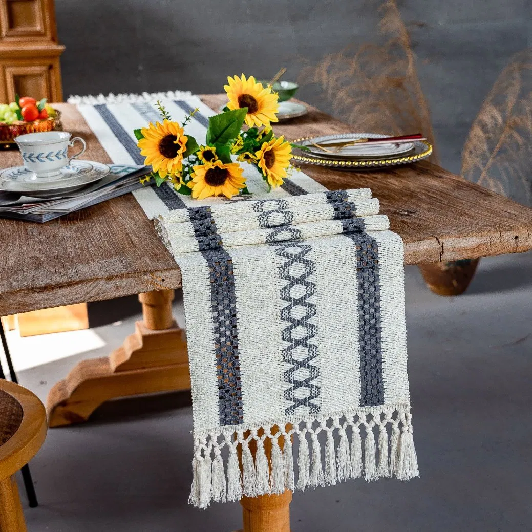 Xinlan Bohemian Ethnic Table Runner Cotton Linen Fringe Tassel Decorative Dining Table Scarf with Macrame Knots