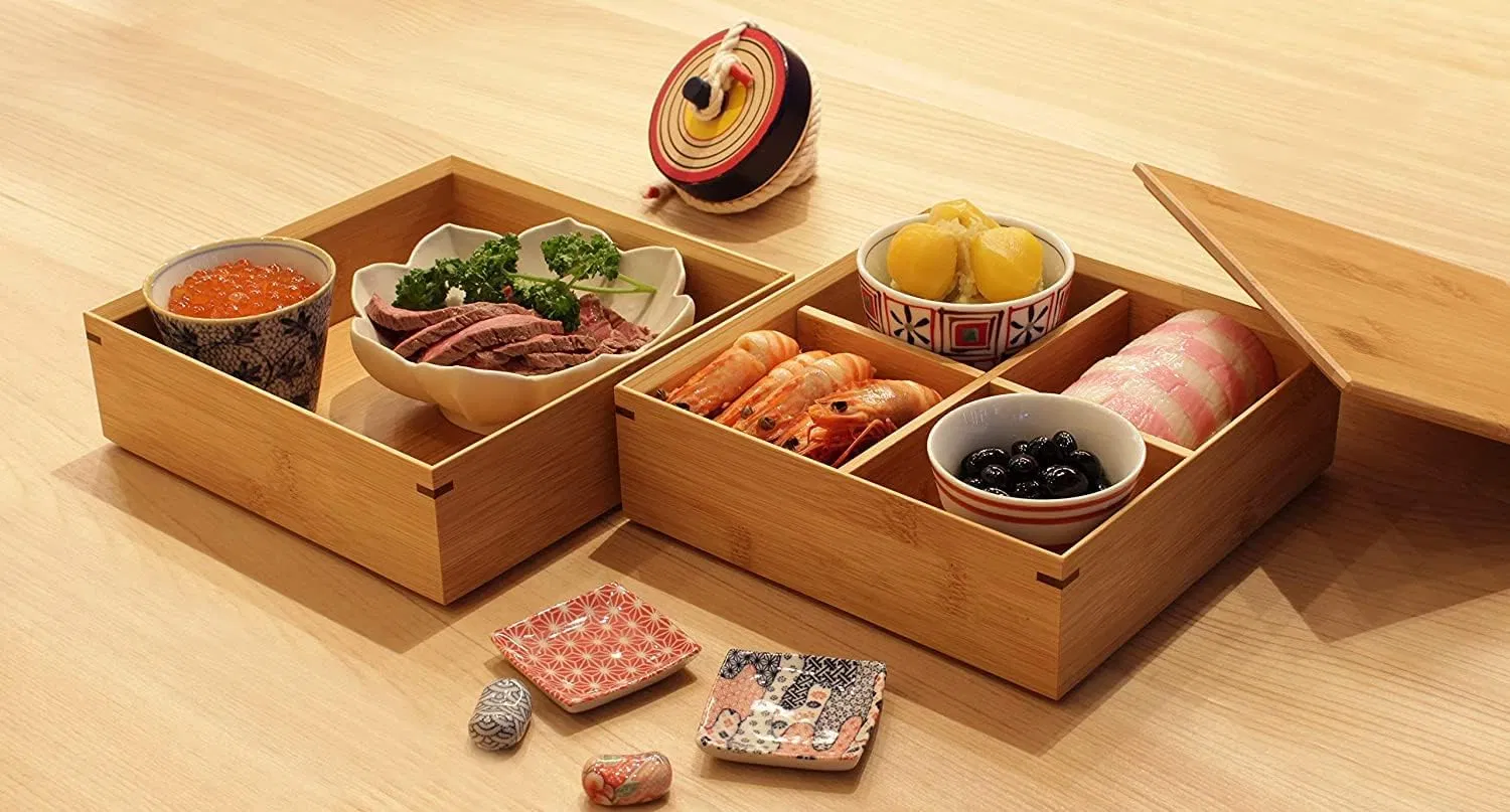 Bamboo Household Modern Stackable Double-Layer Four Grid Fruit Box