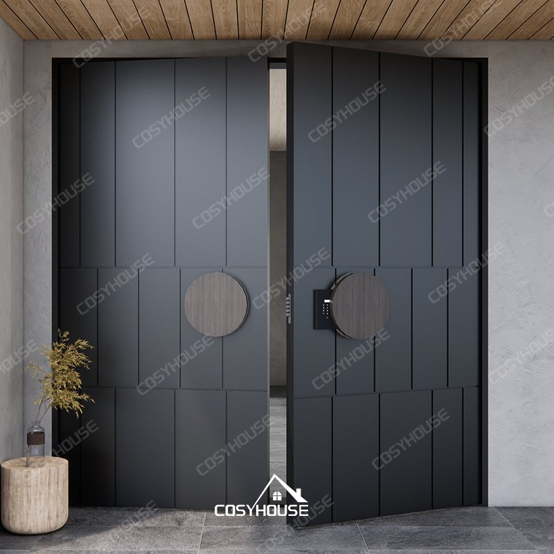 Rustic-Style Aluminum Double Front Door with Wood Finish