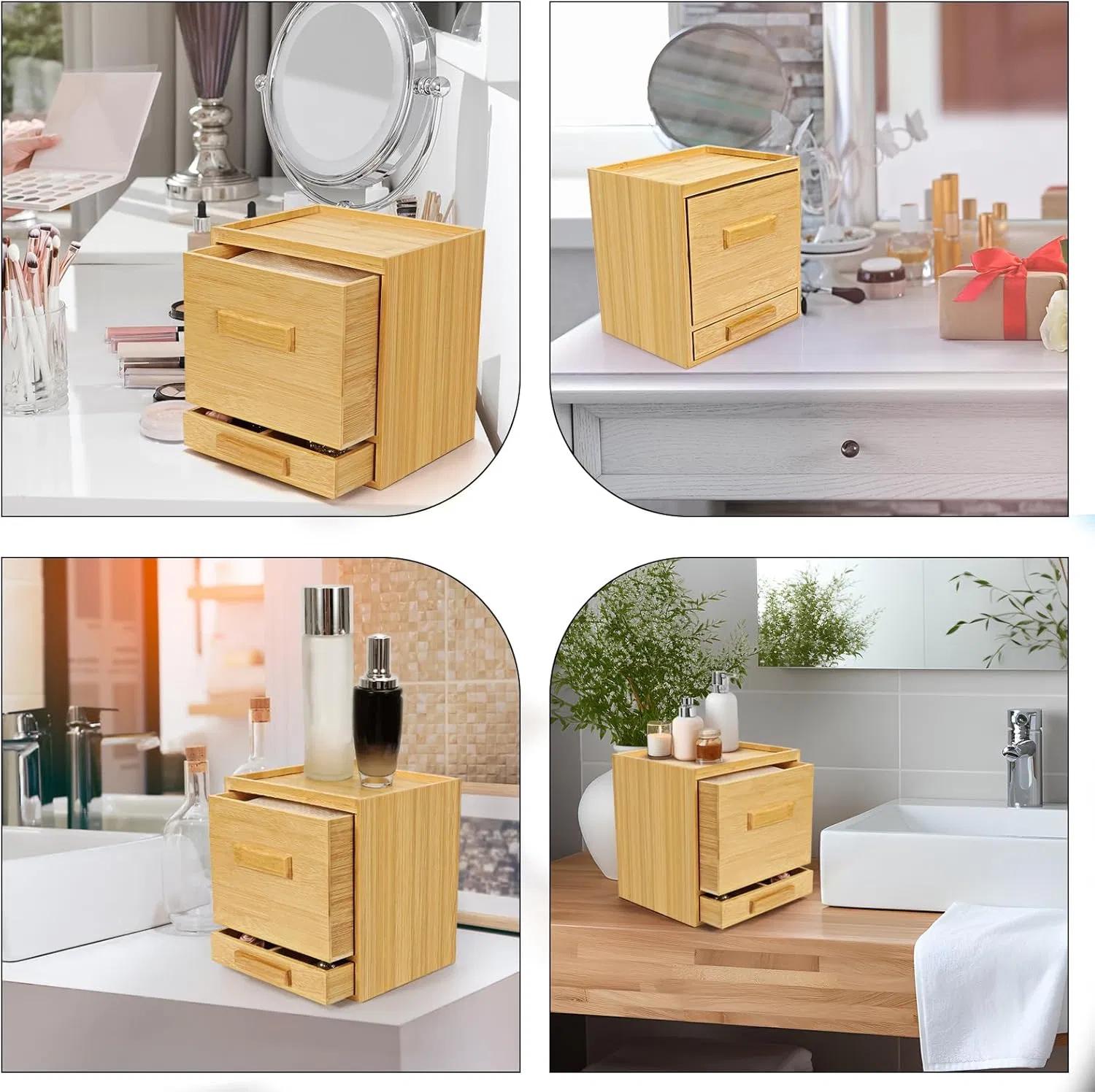 Bamboo Modern Minimalist Drawer Style Desktop Wash Towel Hair Accessory Storage Box