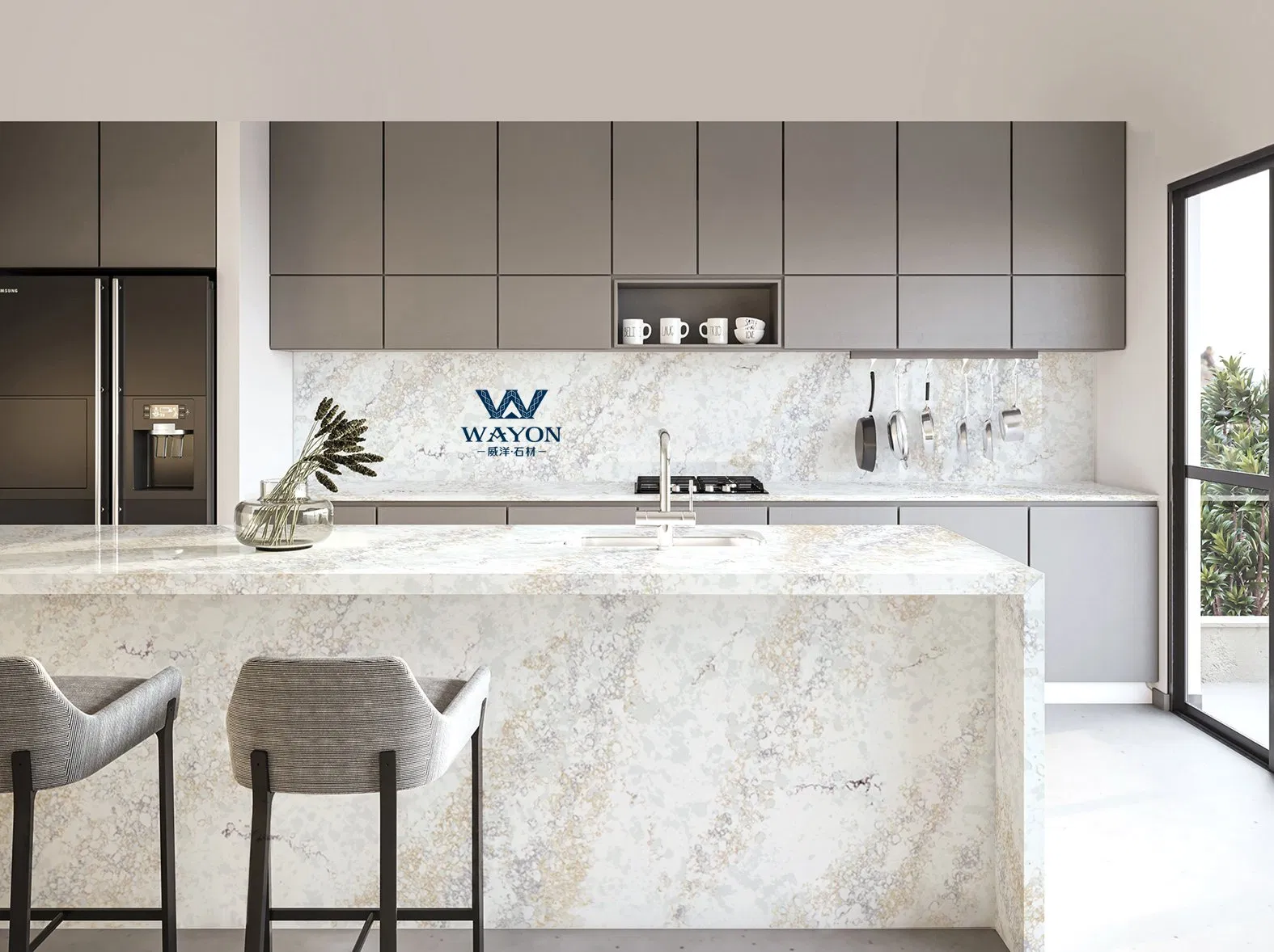 Artificial Stone Calacatta Quartz Stone with Golden Veins for Kitchen Countertop