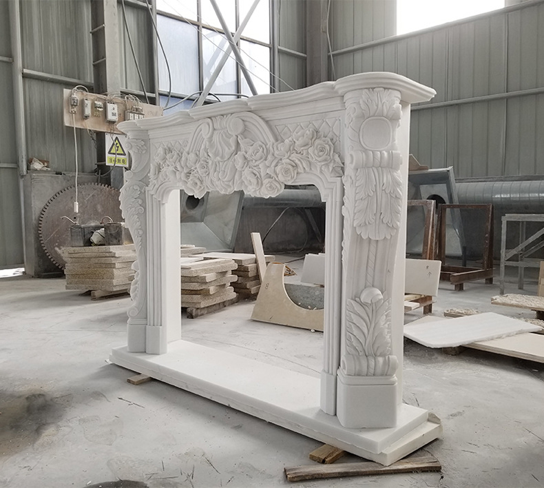 Hand Carved Natural Stone White Luxry Flower Marble Fireplace Surround Mantel