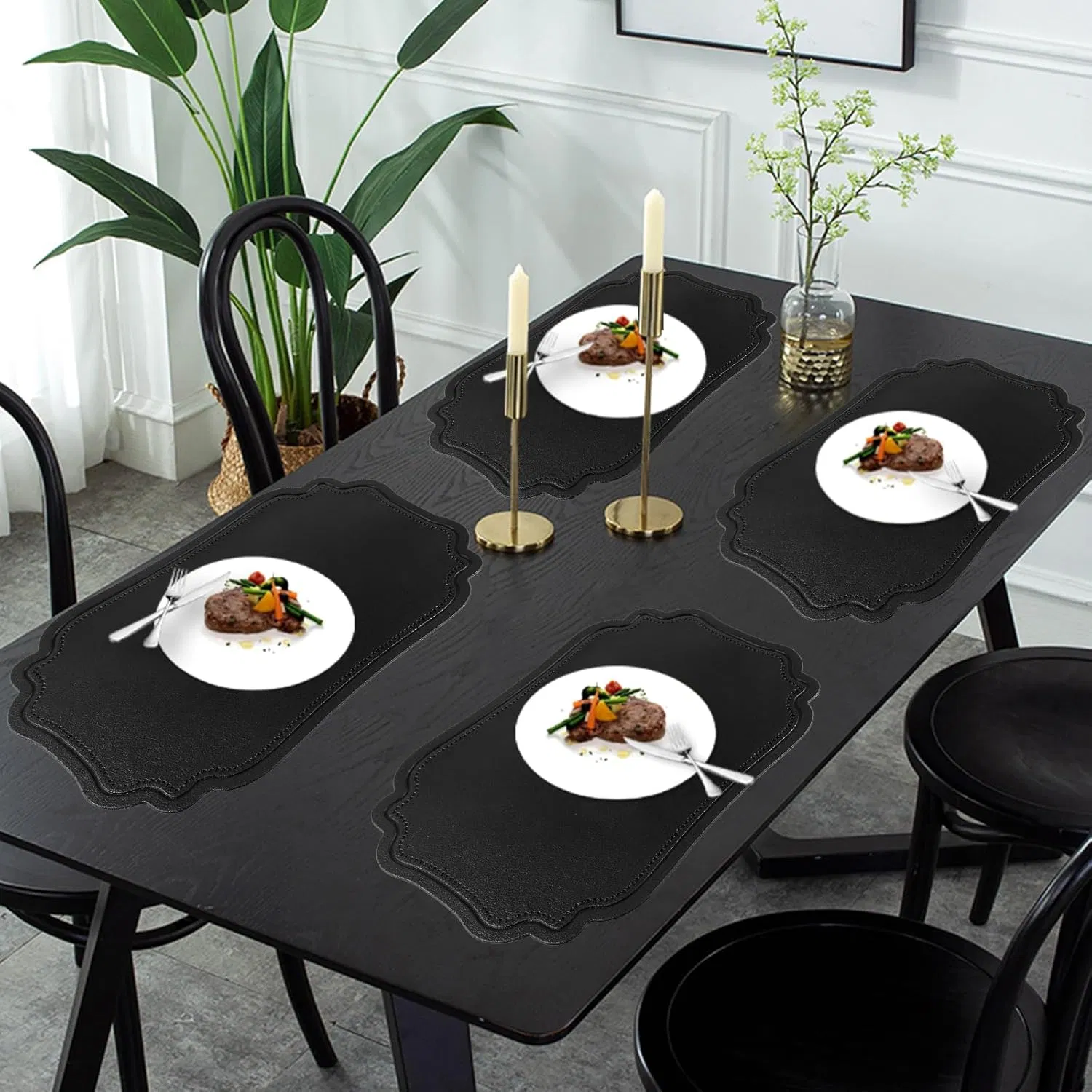 Xinyun Black Placemats Set of 6 Reversible Faux Leather Place Mat Wipeable Heat Resistant Non Slip Anti Oil Waterproof Eco-Friendly Table Mats Patio Placemats F
