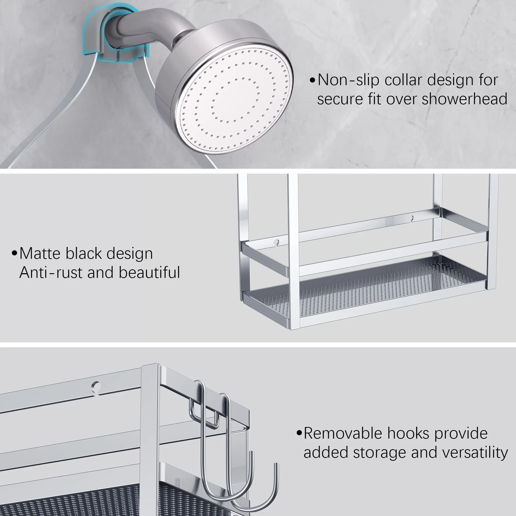 Shower Caddy, 10.4" X 4.5" X 22.04" Hanging Shower Caddy Organizer Over Shower Head Big Capacity for Shampoo, Conditioner with Hooks for Razor/Sponge, Matte Bla