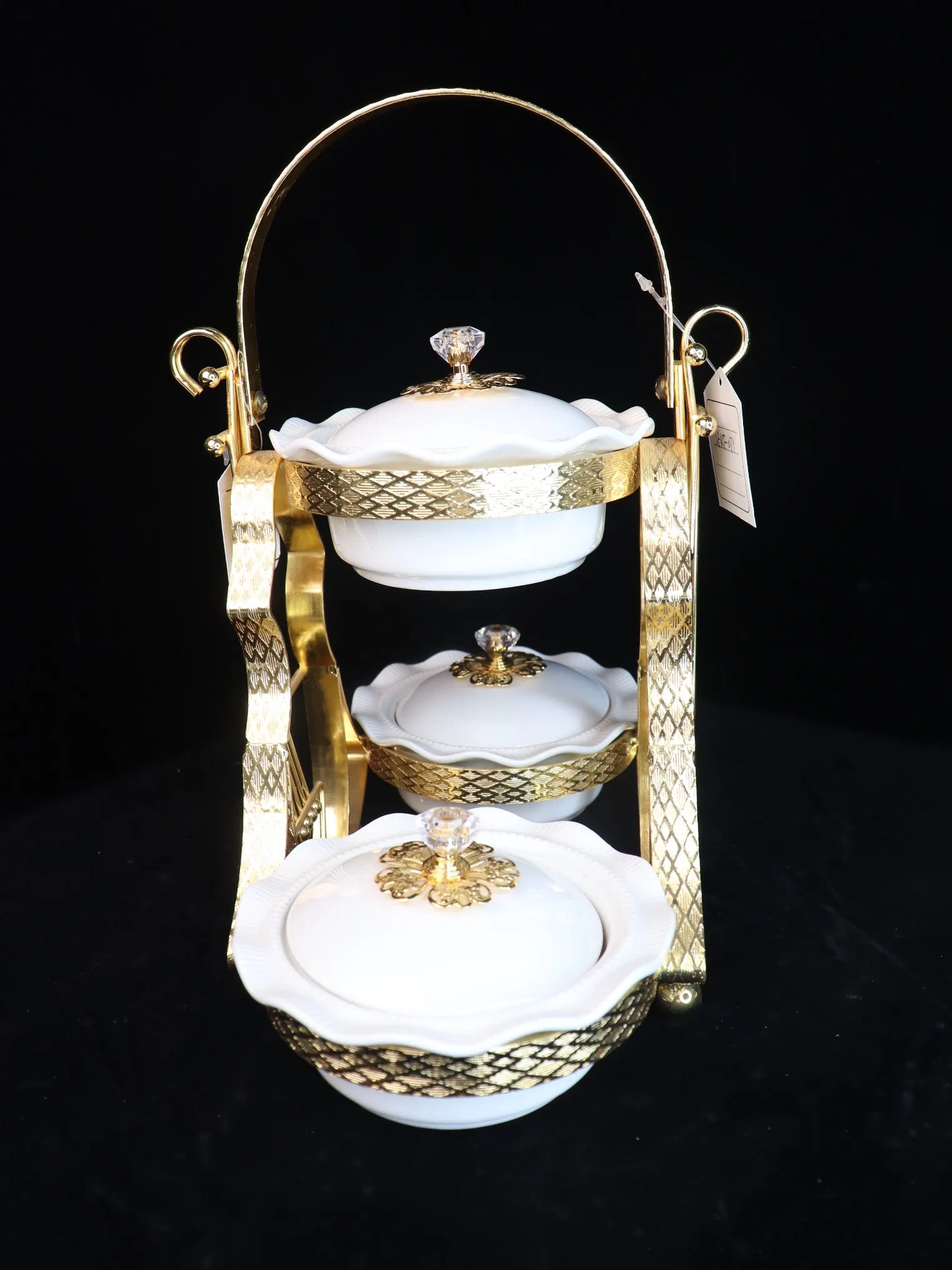 New High-End Gold-Plated Iron Art with 3 Ceramic Bowls with Lids