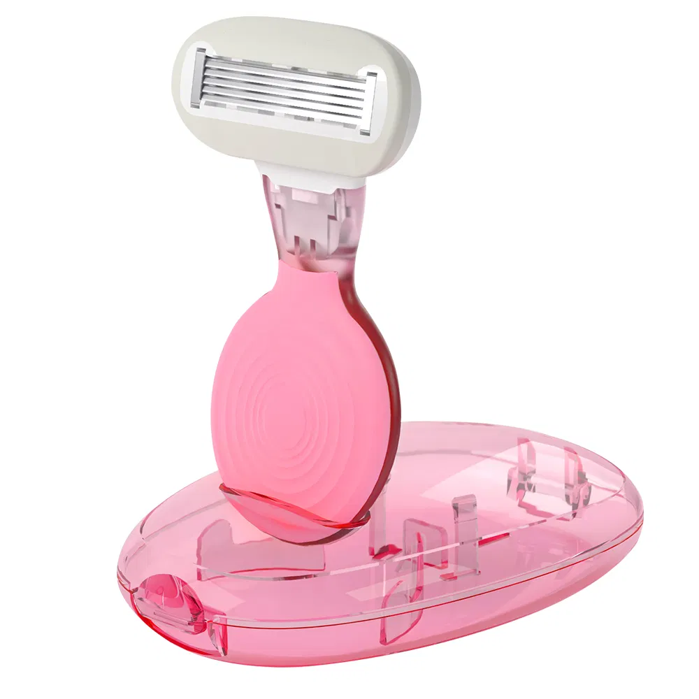 Flexible Bending 5-Blade Women's Razor Short Handle with Replaceable Cartridges & Travel Case, All-in-One Shaving Kit