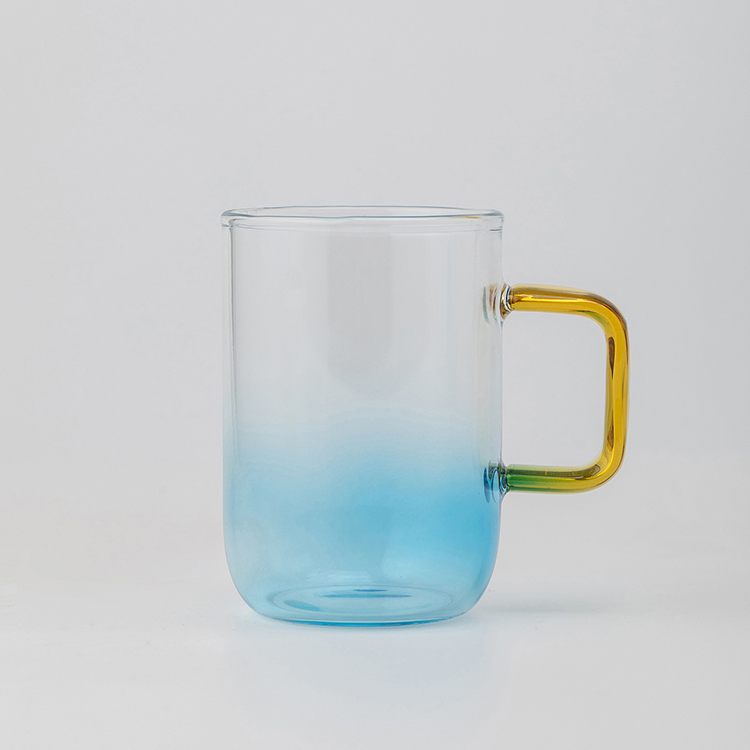 Grink Customized Good Quality Blue Gradient Color Glass Coffee Cup with Handle Carrying
