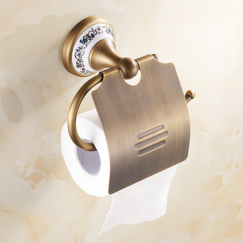 Antique Brushed Brass Porcelain Base Bathroom Hardware Set Bronze Ceramic Bathroom Products with Flower Decoration