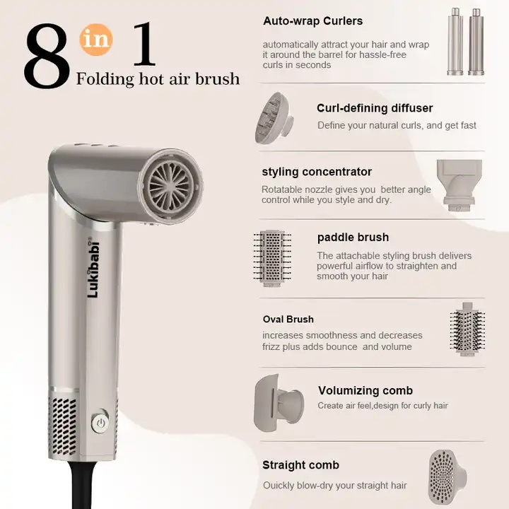 8 in 1 Hair Dryer Brush Curler Hair Straightener Comb Negative Ion Foldable High Speed BLDC Hair Blow Brush Dryer