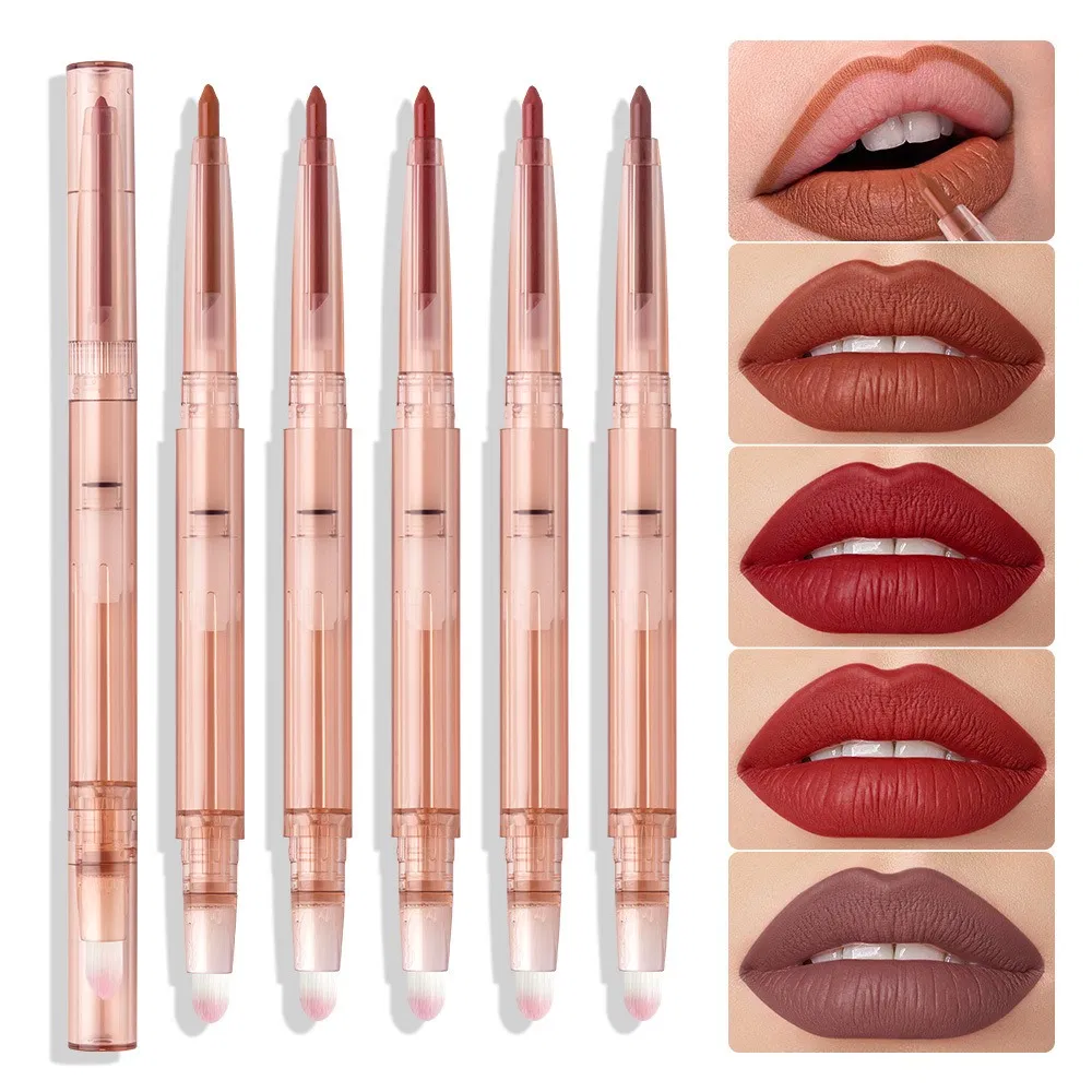 Double-Ended Rotating Lip Liner with Lip Brush Smooth Matte Velvet Lipstick Lipliner Pen