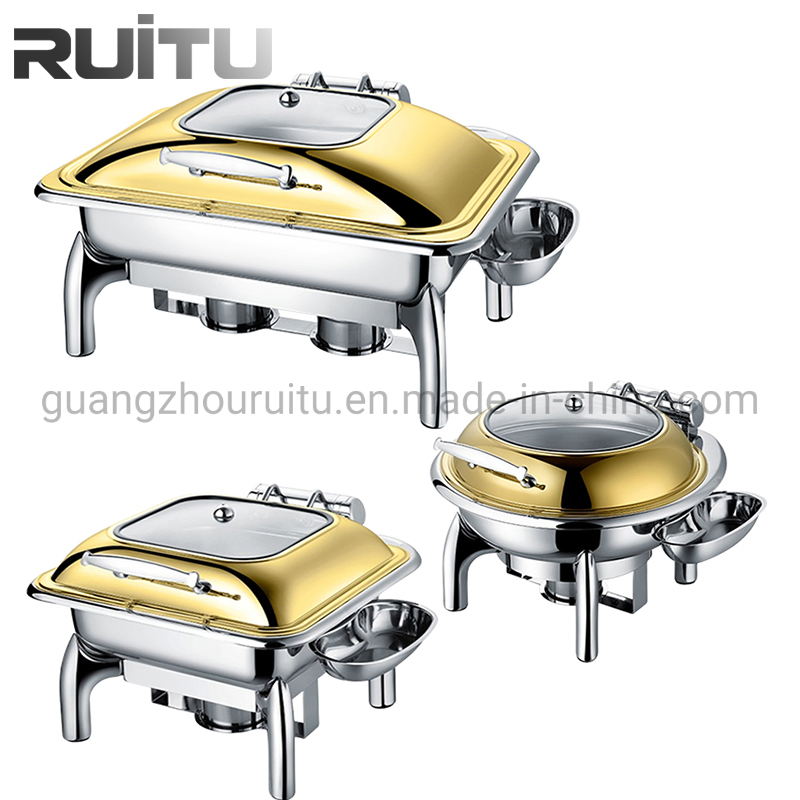 Catering Roll Top Chaffing Plated Food Warmer with Window Buffet Furnace Golden Color Brass 9L Shaffing Dish Gold Chafing Dish