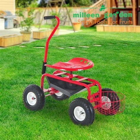 Garden Type Stool on Wheels Seat Cart Tractor Scoot with Bucket Basket