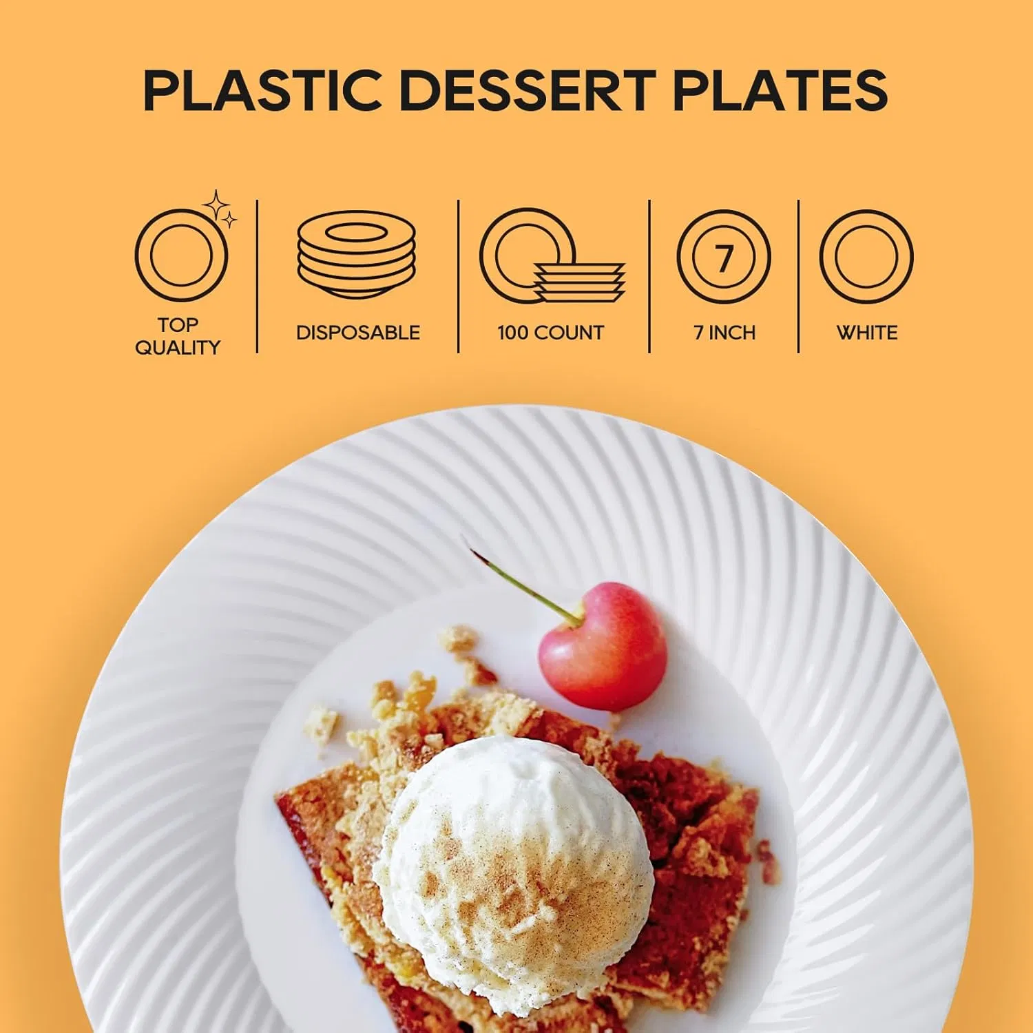 7 Inch White Plastic Plates with Threaded Rim Disposable Heavy Duty Salad Dessert Plates, Premium Hard Plastic for Weddings, Parties and Events