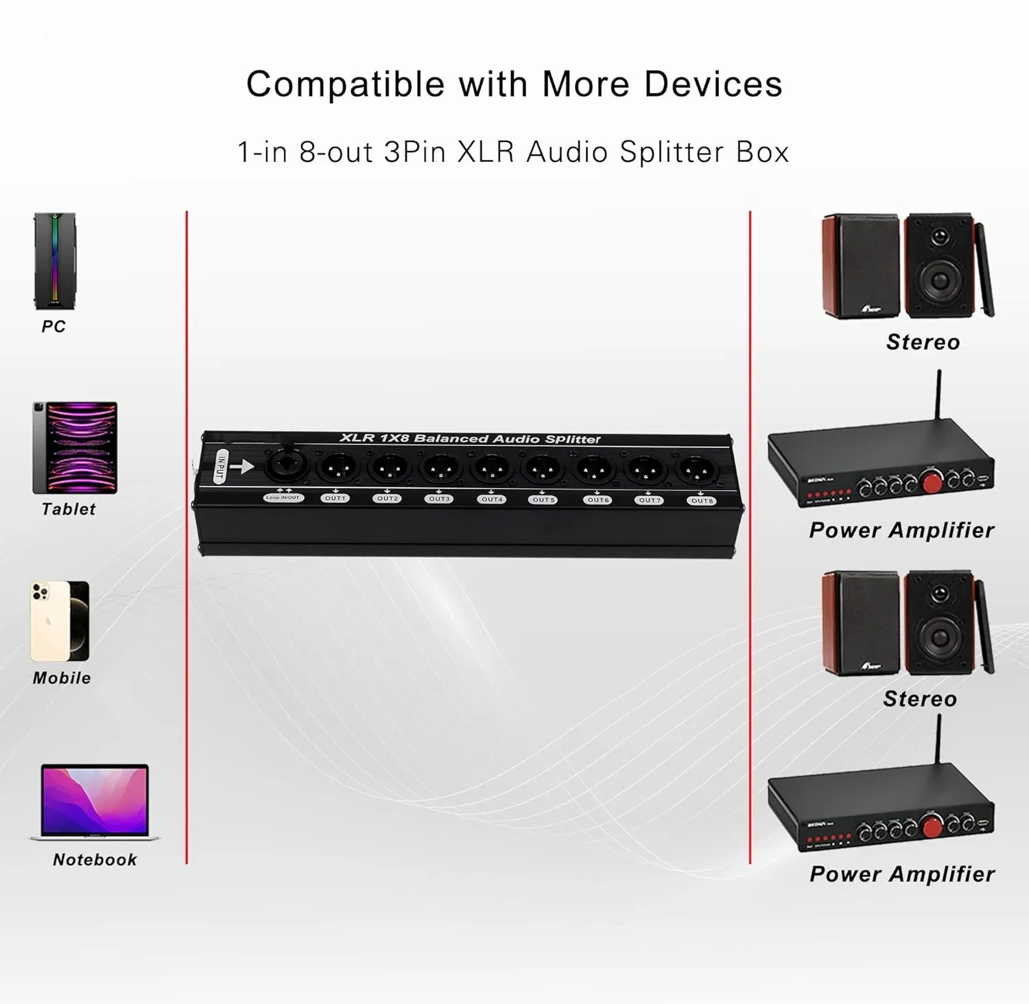3pin XLR 1-in 8-out Splitter Box Support Balance/Trs/Ts 1/4" Input and One Loop Output Portable Size Aluminum Alloy Durable Box