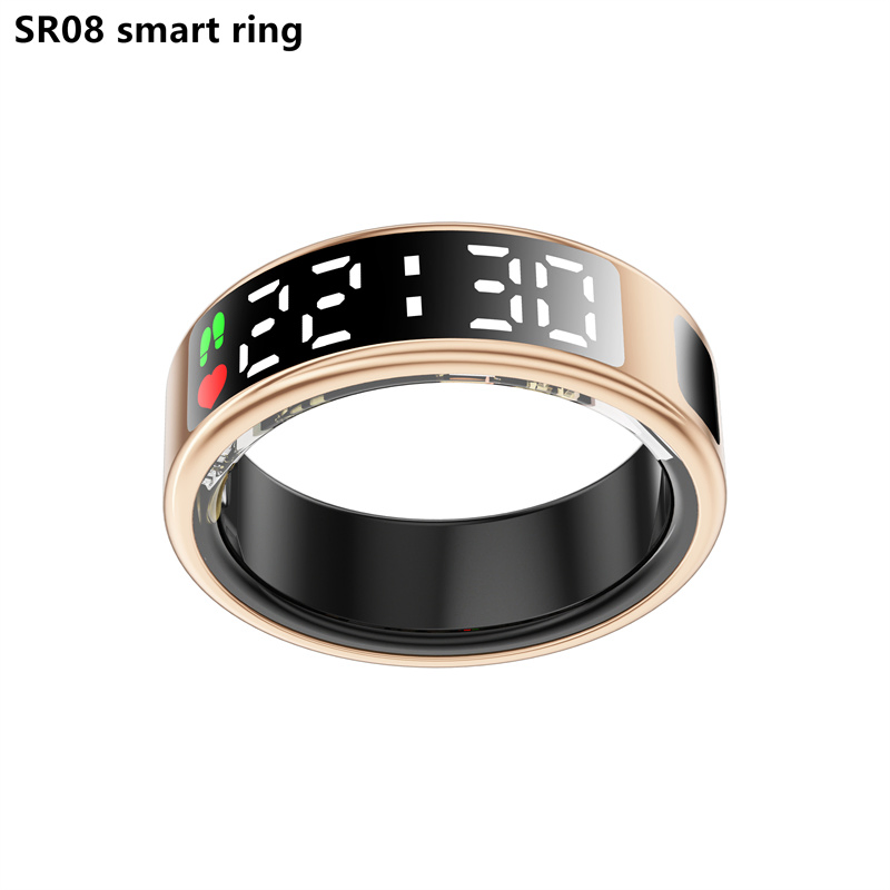 Sr08 Electronic Touch Screen Button Cotrol Digital Screen Waterproof Health Care Monitor Bluetooth Heart Rate Blood Oxygen Jring APP Smart Ring