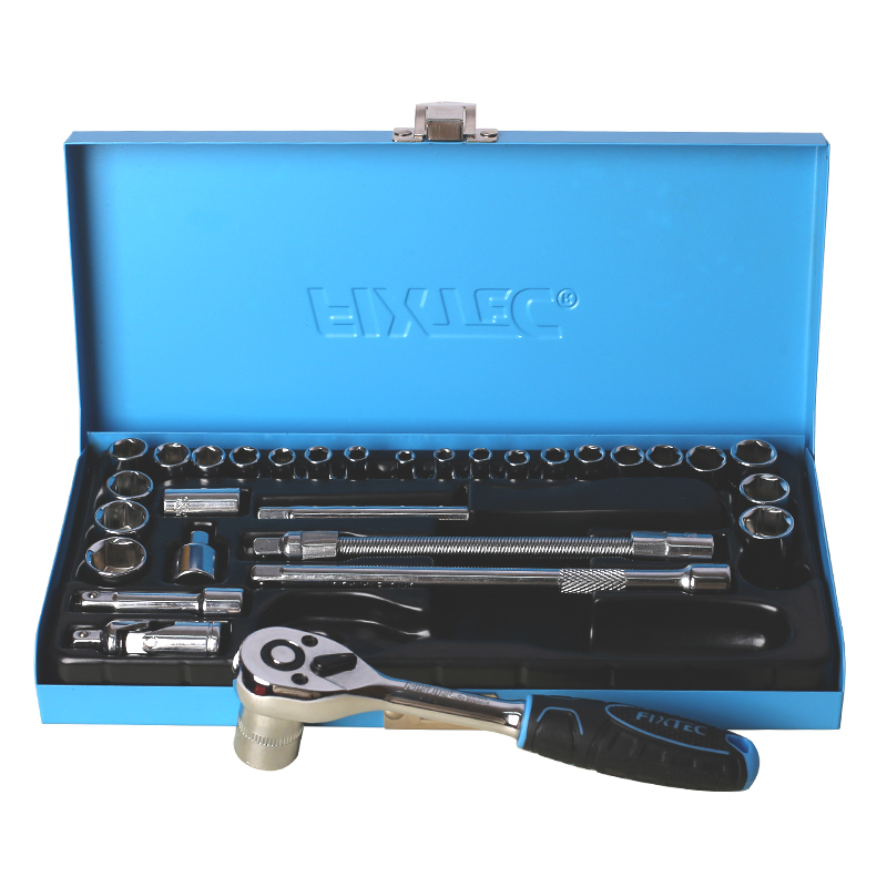 Fixtec 31PC 1/4" Socket Set (S&M) with Ranchet H Handle and Extension Bar