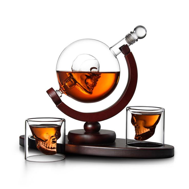 Glass Wine Whiskey Bottle Decanter Set with Skull Cups