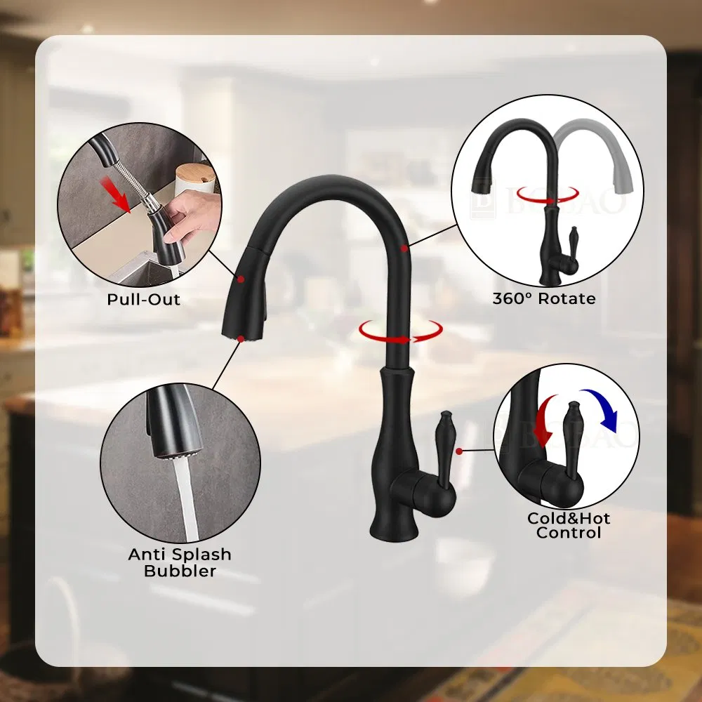 Classic Antique Single Handle Brass Hot Cold Water Pull out Kitchen Faucet