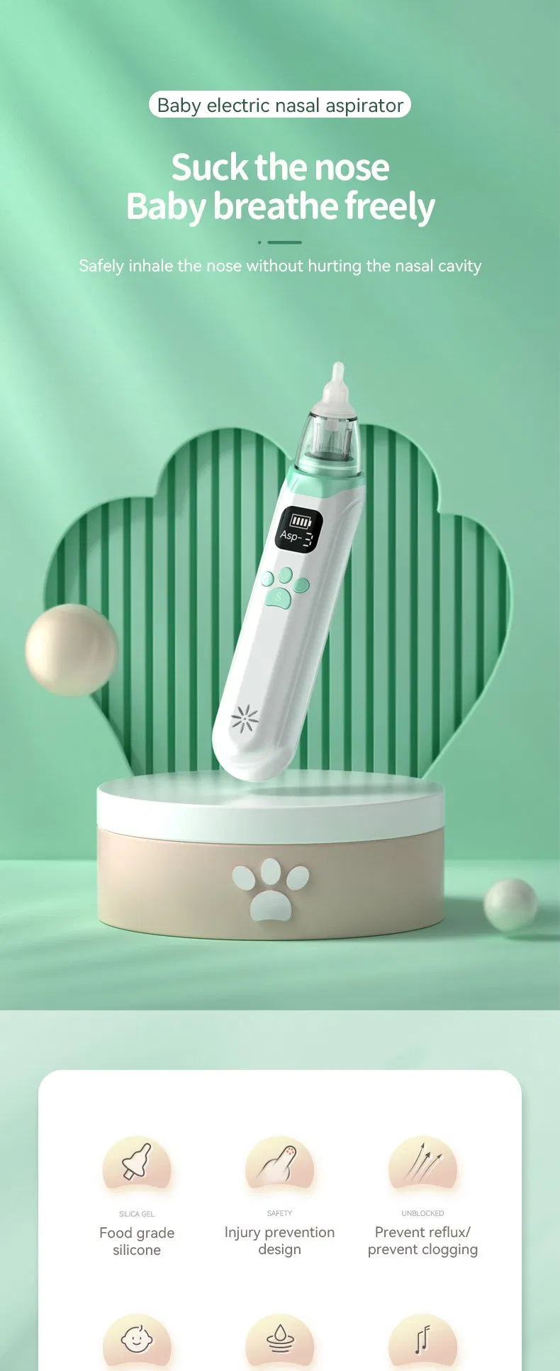 Home Use Electric Adjustable Suction Children Nose Cleaner with 3-Type Silicone Tips Baby Nasal Aspirator