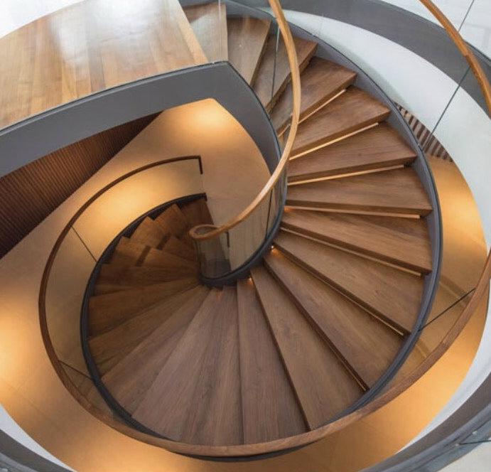 LED Light Curved Staircase Design Stainless Steel Railing Glass Tread