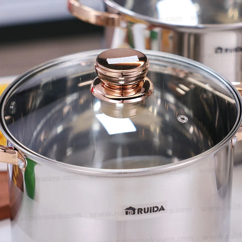 4/6/8PCS Large Capacity Stainless Steel Stockpot Cookware with Gold Handles