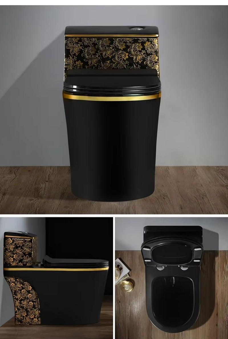 Gold-Plated Black & Gold Ceramic One-Piece Toilet Bowl Water Closet