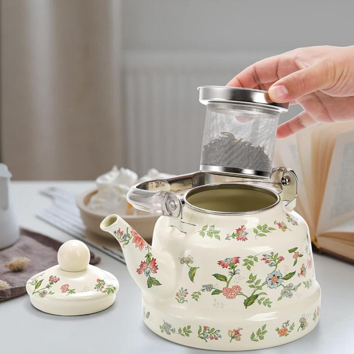 Enamel Kettle Tea Maker with Removable Infuser for Camping Gift Wedding