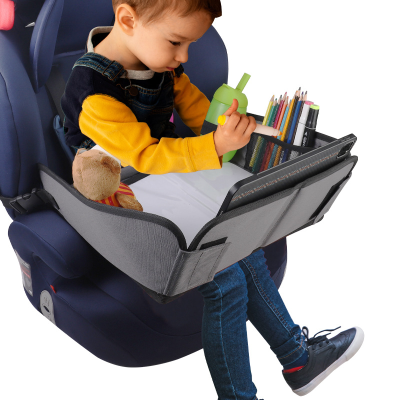 Kids Travel Tray, Kids Travel Trays for Car Seat, Road Trip Essentials for Toddler, Carseat Lap Tray with Dry Erase Board & Storage Organizer for Road Trip